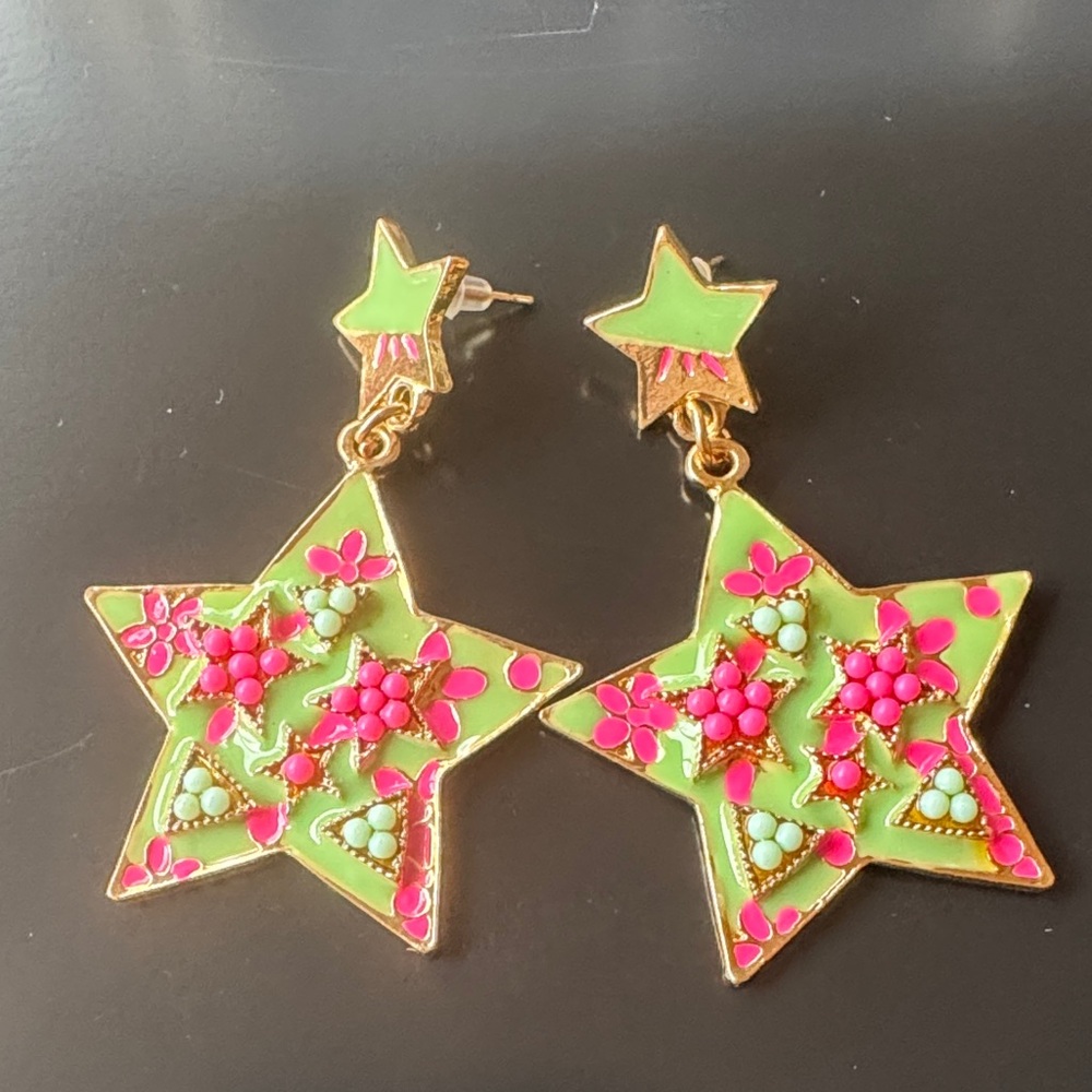Enameled Star Shaped Earrings with Floral Design